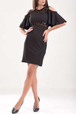 Φόρεμα με ανοιχτούς ώμους και πουά διαφάνειες μαύρο