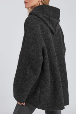 Oversized παλτό με τσέπες και κουκούλα γκρι σκούρο