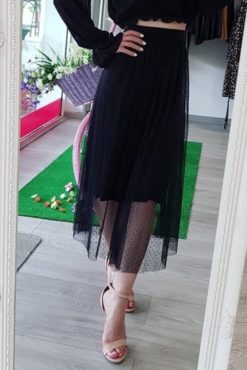 Midi φούστα με πουά τούλι μαύρη